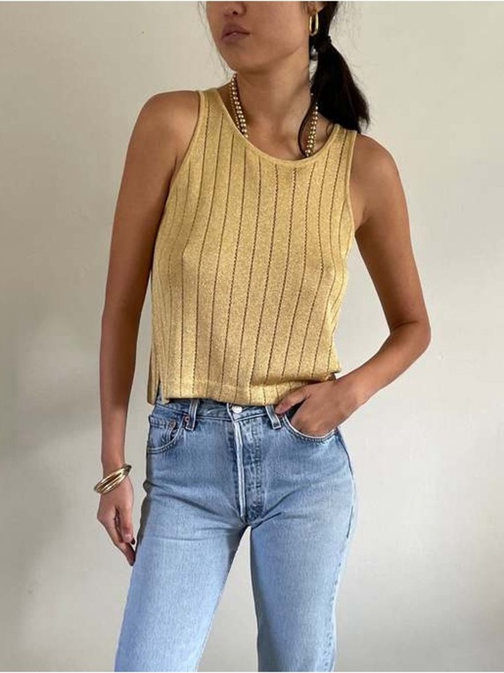 Vintage St. John by Marie Gray Gold Pointelle Knit Sleeveless Tank Shell Large